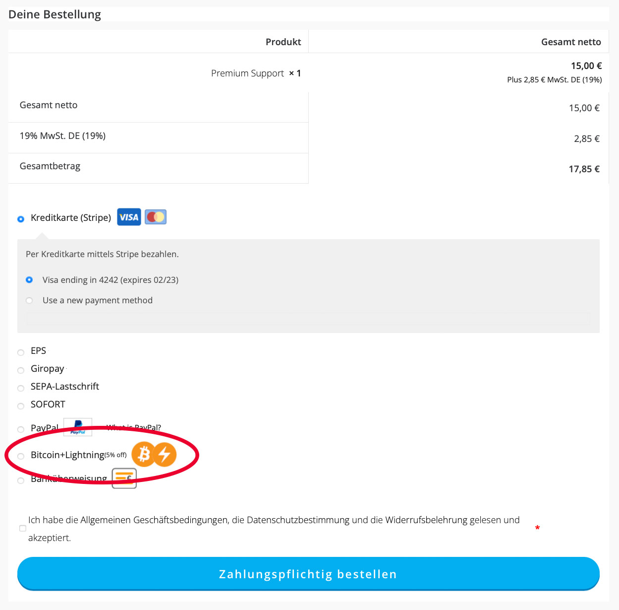 Zahlungsmethode Bitcoin-Lightning auswählen