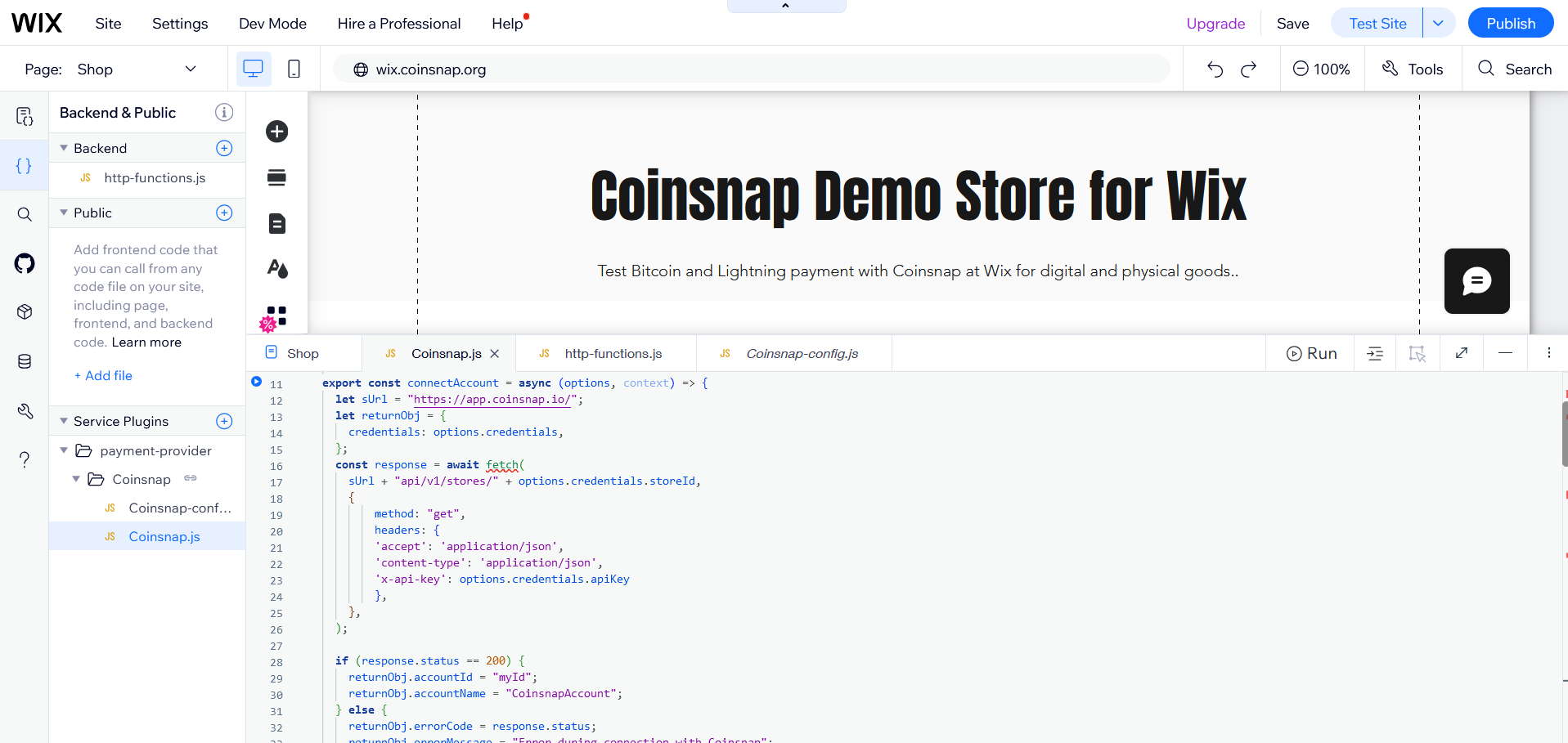 Coinsnap for Wix - Installation, Step 9