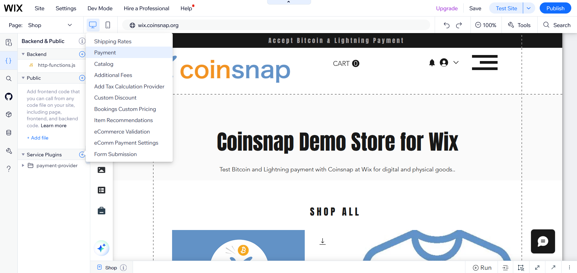 Coinsnap for Wix - Installation, Step 3