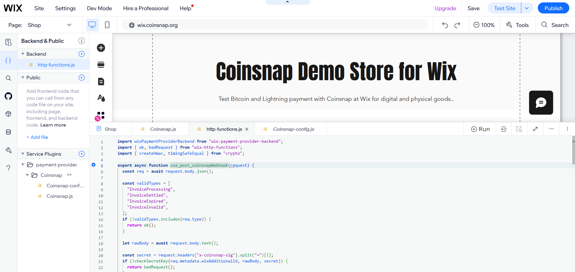 Coinsnap for Wix - Installation, Step 10