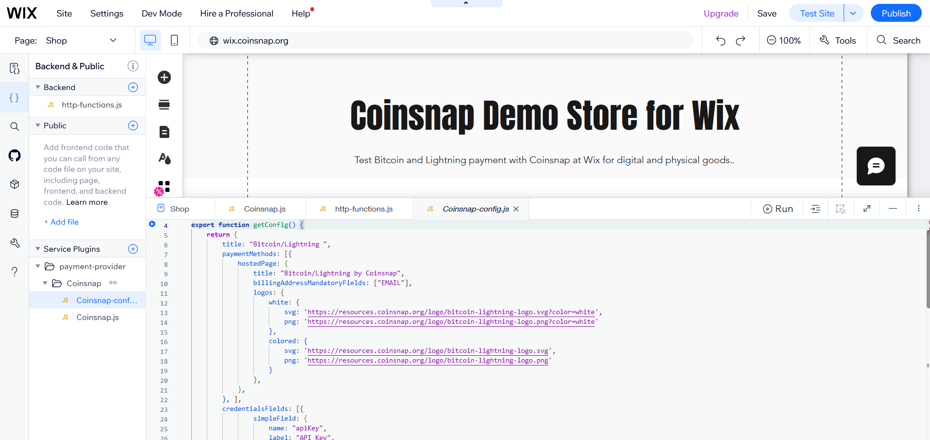 Coinsnap for Wix - Installation, Step 8