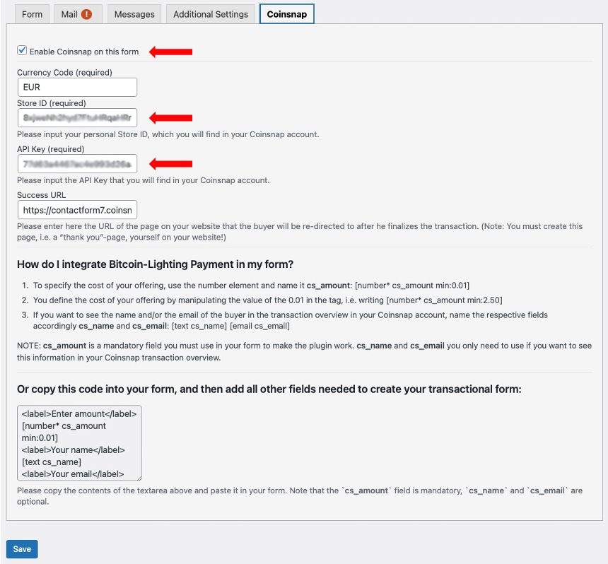 Contact Form 7 für Coinsnap Bitcoin - Lightning - Zahlung konfigurieren
