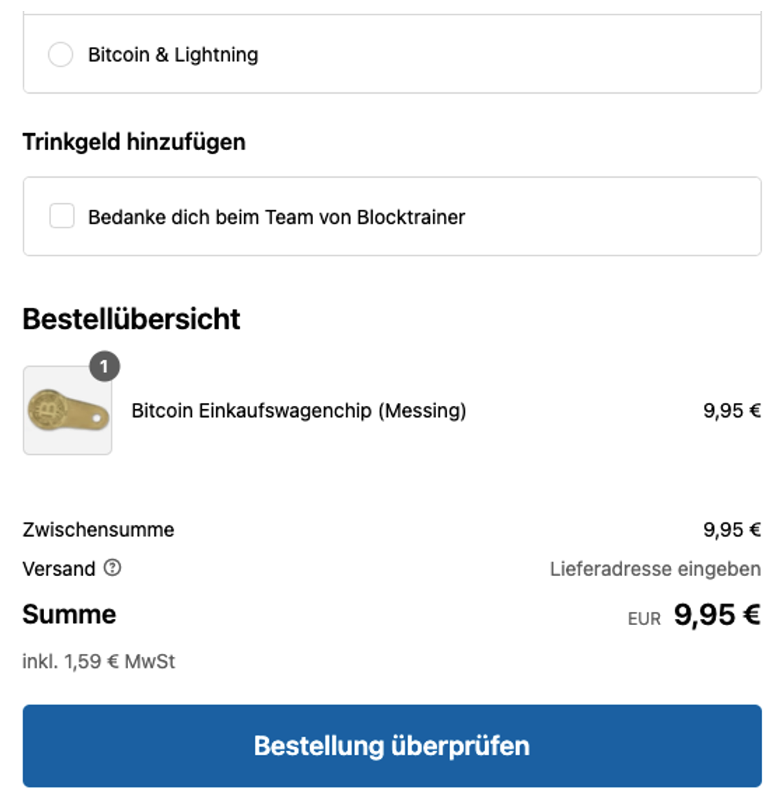 Coinsnap Bitcoin-Lightning Zahlung bei Blocktrainer