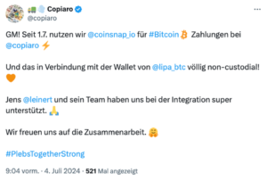 Copiaro setzt auf Coinsnap für die Zahlung mit Bitcoin-Lightning in seinem Onlineshop