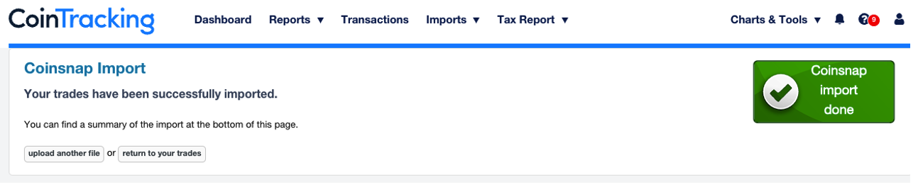 Coinsnap-Import in CoinTracking abgeschlossen